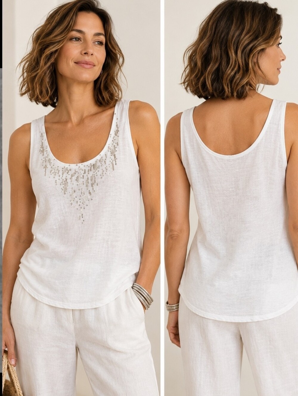 Eileen Fisher 100% Linen Sequin Scoop Neck Jersey Tank Sz Medium Minimalist